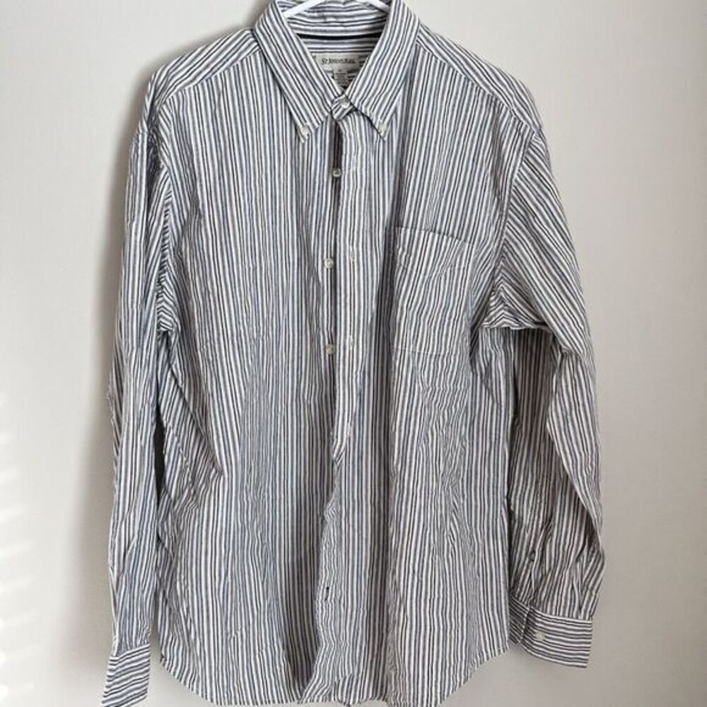 St. John's Bay Button Down Long Sleeve Shirt Men's Large Blue Stripe 100% Cotton